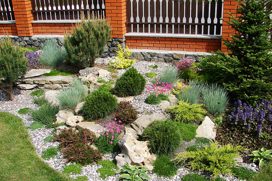 Rock garden hardscaping with a variety of plants and flowers spread out - Lebanon, IL